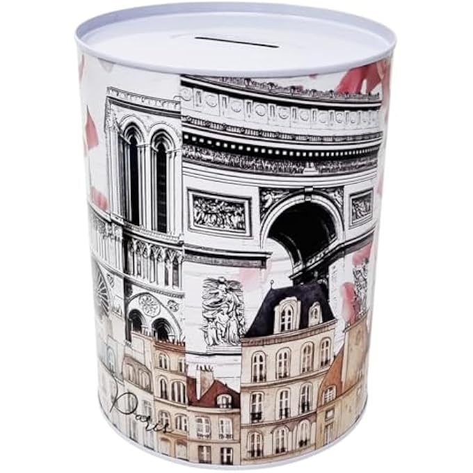 rayihni TIN MONEY BOX PARIS DESIGN CHARACTERISTIC ELEMENTS OF THE CITY AND MONUMENTS EIFFEL TOWER NOTRE DAME ARC DE TRIOMPHE IN METAL, UNOPENABLE TIN 16 X 13 CM - Image 2